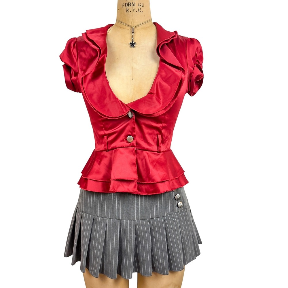 Y2K Von Mozart Red Satin Peplum Blouse Ruffle Puffed Top Coquette Pinup Size S